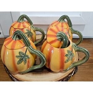 Vintage Discontinued Mesa Pumpkin Stoneware Mugs with Lids Set of 4 Fall Harvest